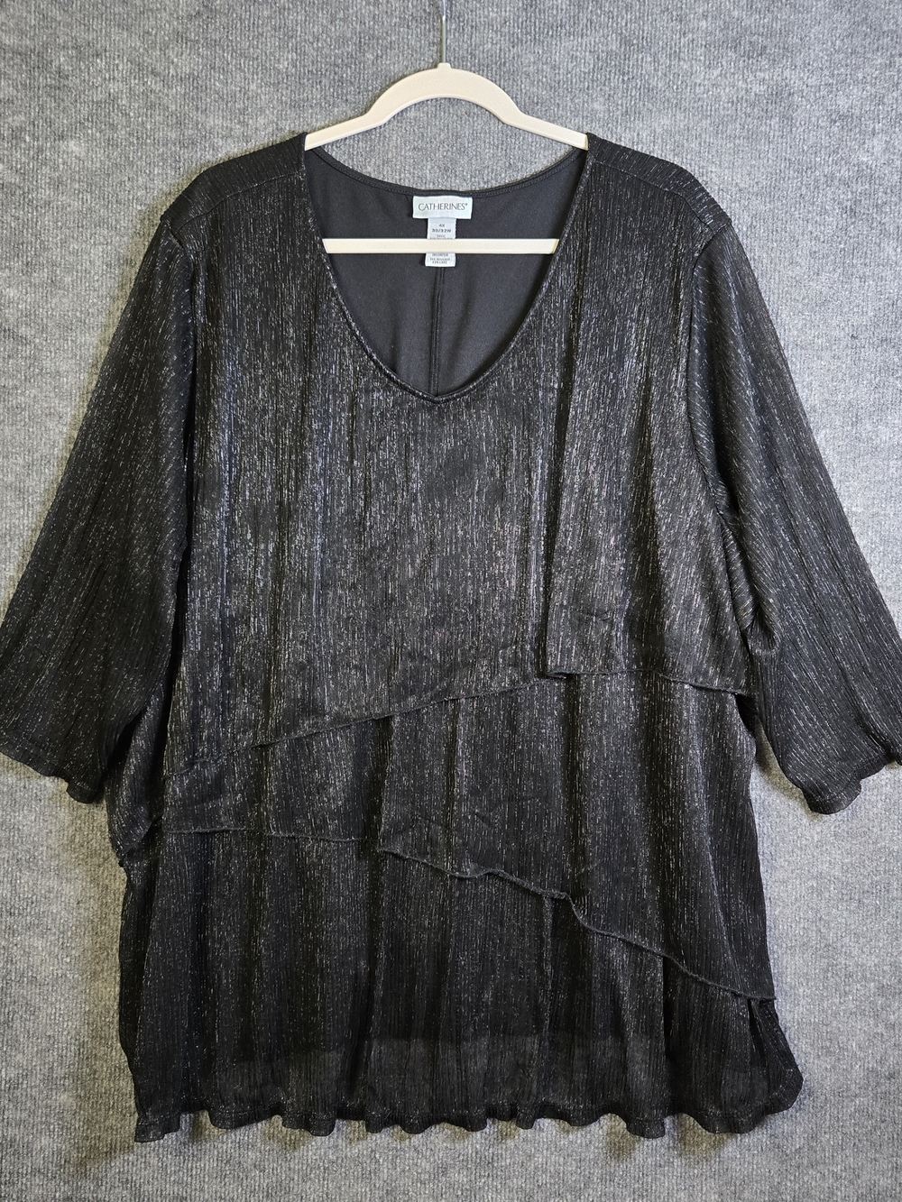 Catherines Top Womens 4X Black Crinkle Sparkle Knit Tunic Tiered Flowy Event